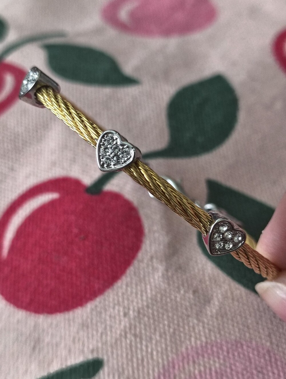 Rhinestone Heart Gold And Silver Tone Cable Bracelet. Estate Find
